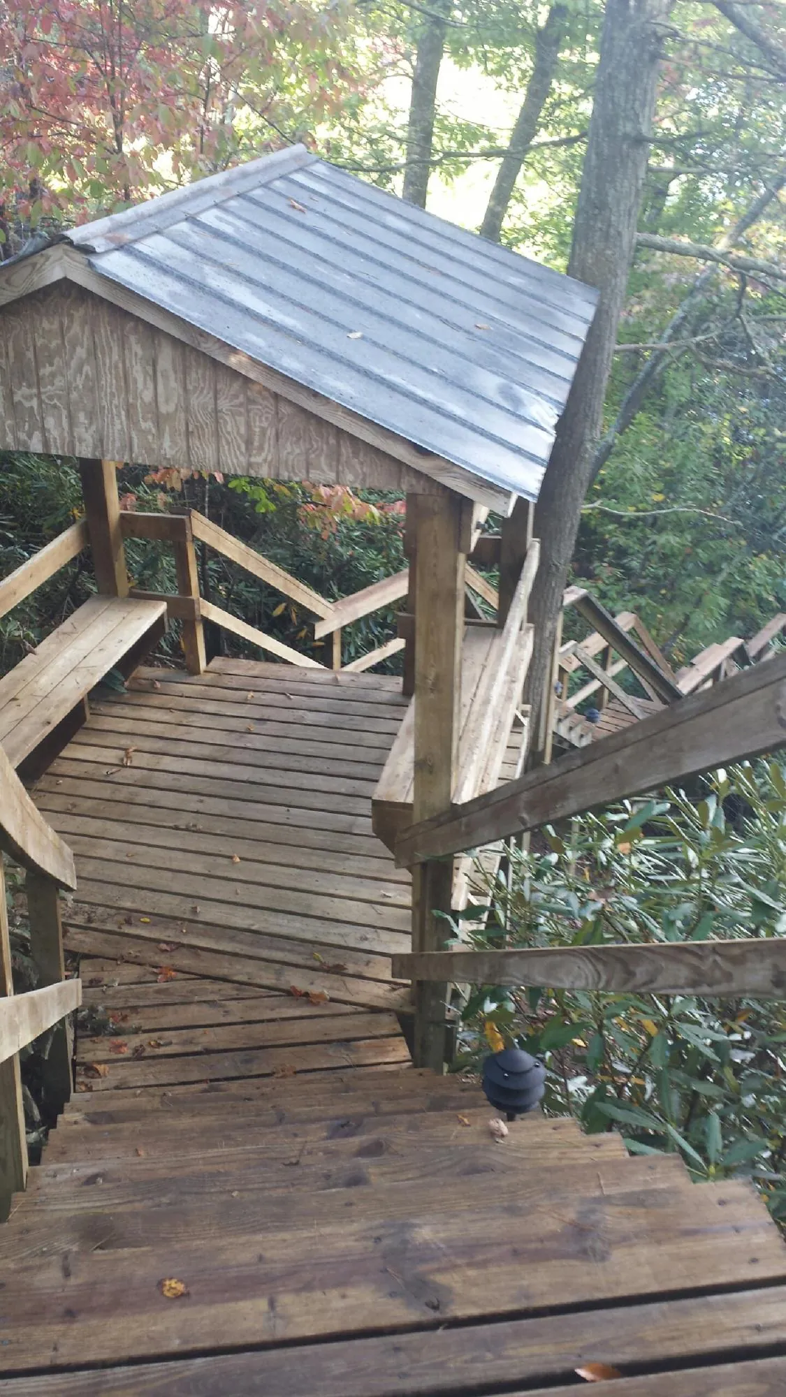 Metal roofed shelter over wooden steps on a wooded walkway — Skylight Repair & Installation work by our crew in Fort Worth